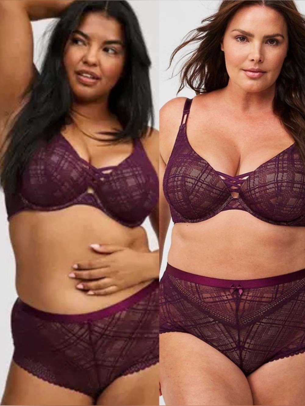 NWT Torrid XO Plunge Push Up Plaid Lace Straight Black Bra in Darkest Plum